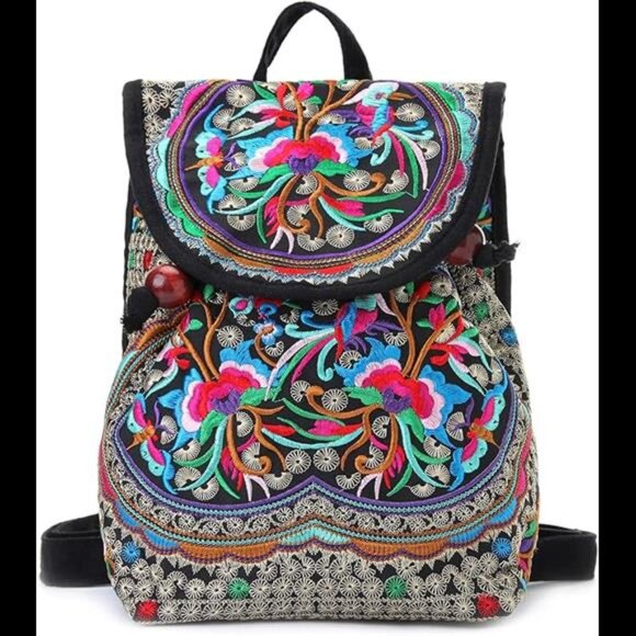 Vintage Embroidered Women Backpack Ethnic Travel Handbag Shoulder Bag - Picture 7 of 7